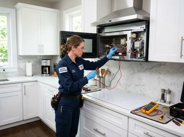 Appliance Repair Hero technician testing an over-the-range microwave in a Albany, OR kitchen